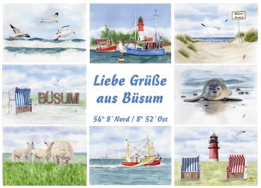 Postkarte DIN-A5 Aquarell Maritim Kunst Druck Kunstdruck Nordsee Büsum Collage Strandkorb Leuchtturm Hafen Strand Meer